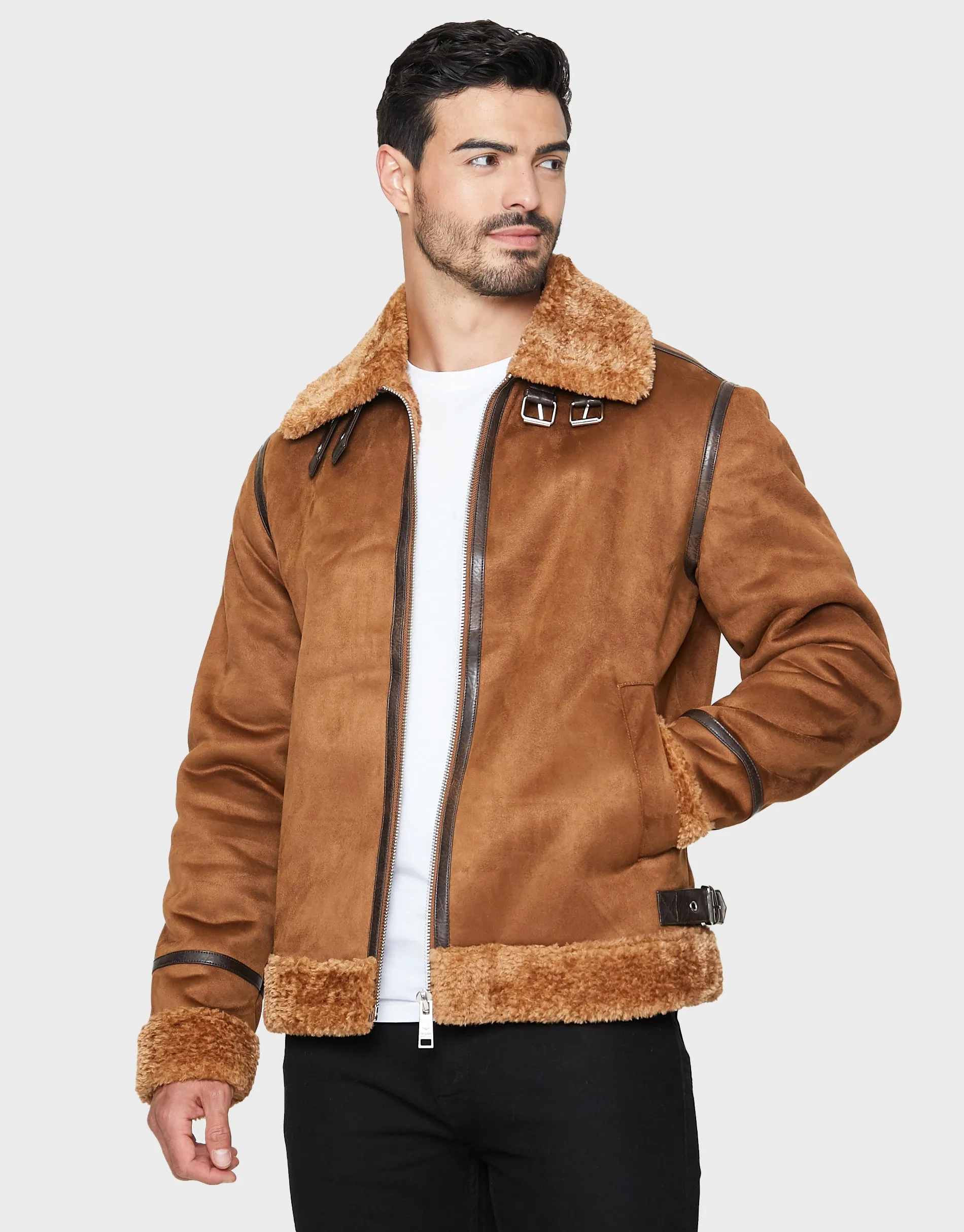 Men's Camel Faux Suede Biker Jacket sold by Threadbare
