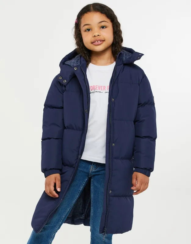 Girls' Navy Longline Puffer Jacket sold by Threadbare