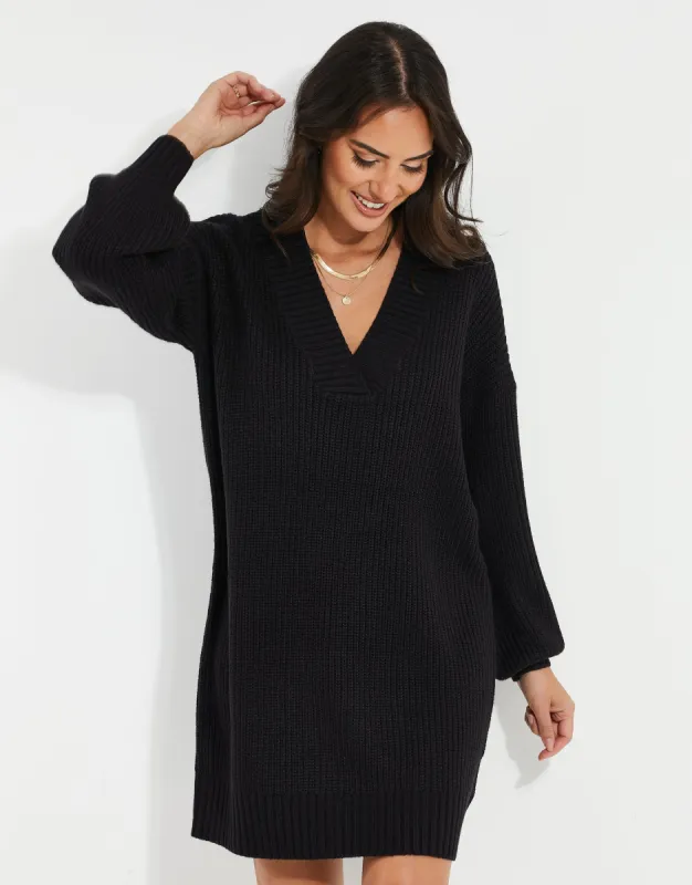 Women's Petite Black V-Neck Knitted Jumper Dress sold by Threadbare