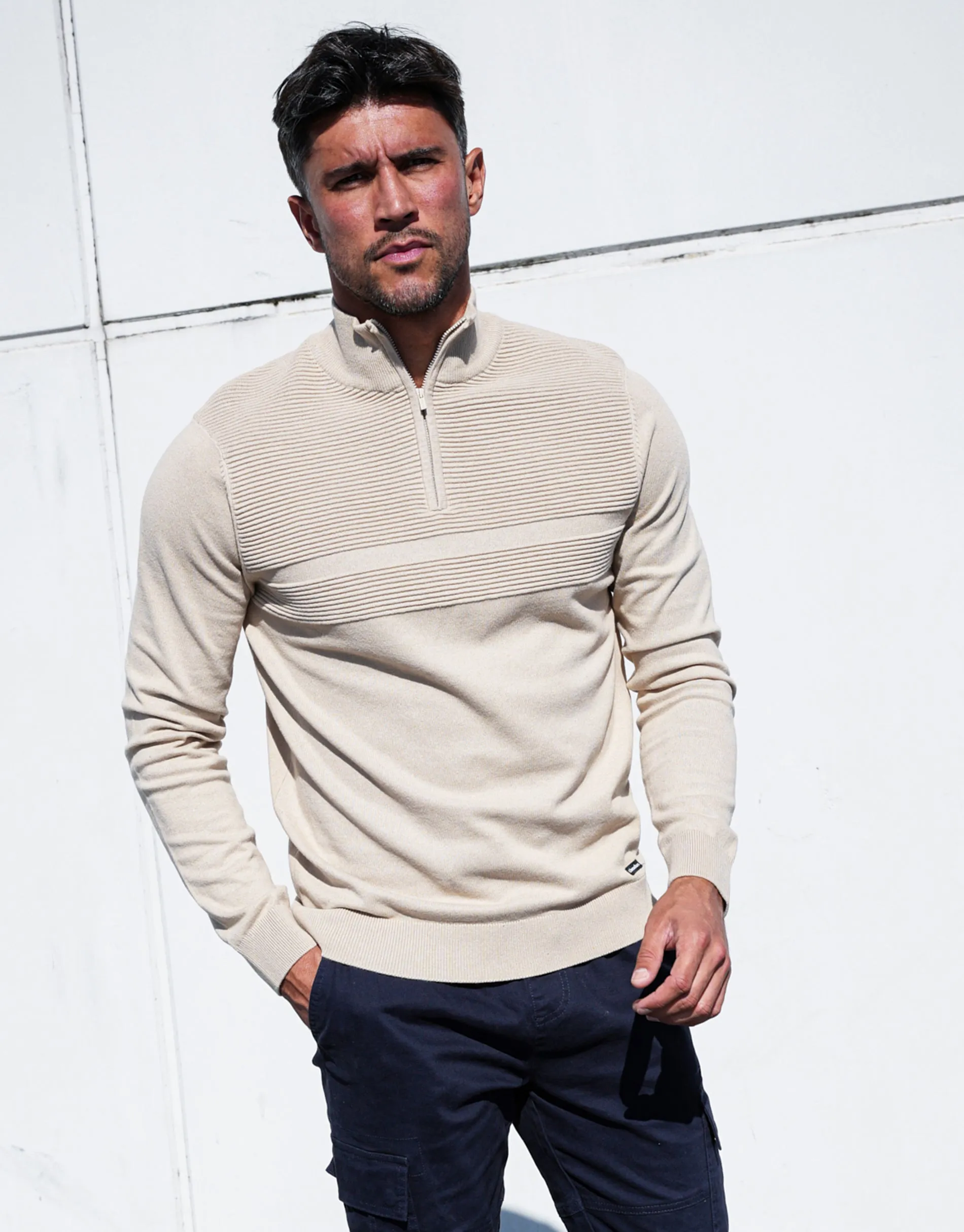 Threadbare Men's Stone Rib Detail Knitted Quarter Zip Jumper sold by Threadbare