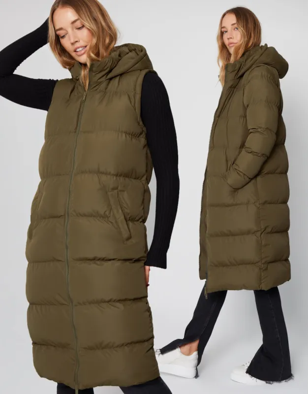 Women's Khaki Padded Longline 2-in-1 Puffer Jacket with Detachable Sleeves sold by Threadbare