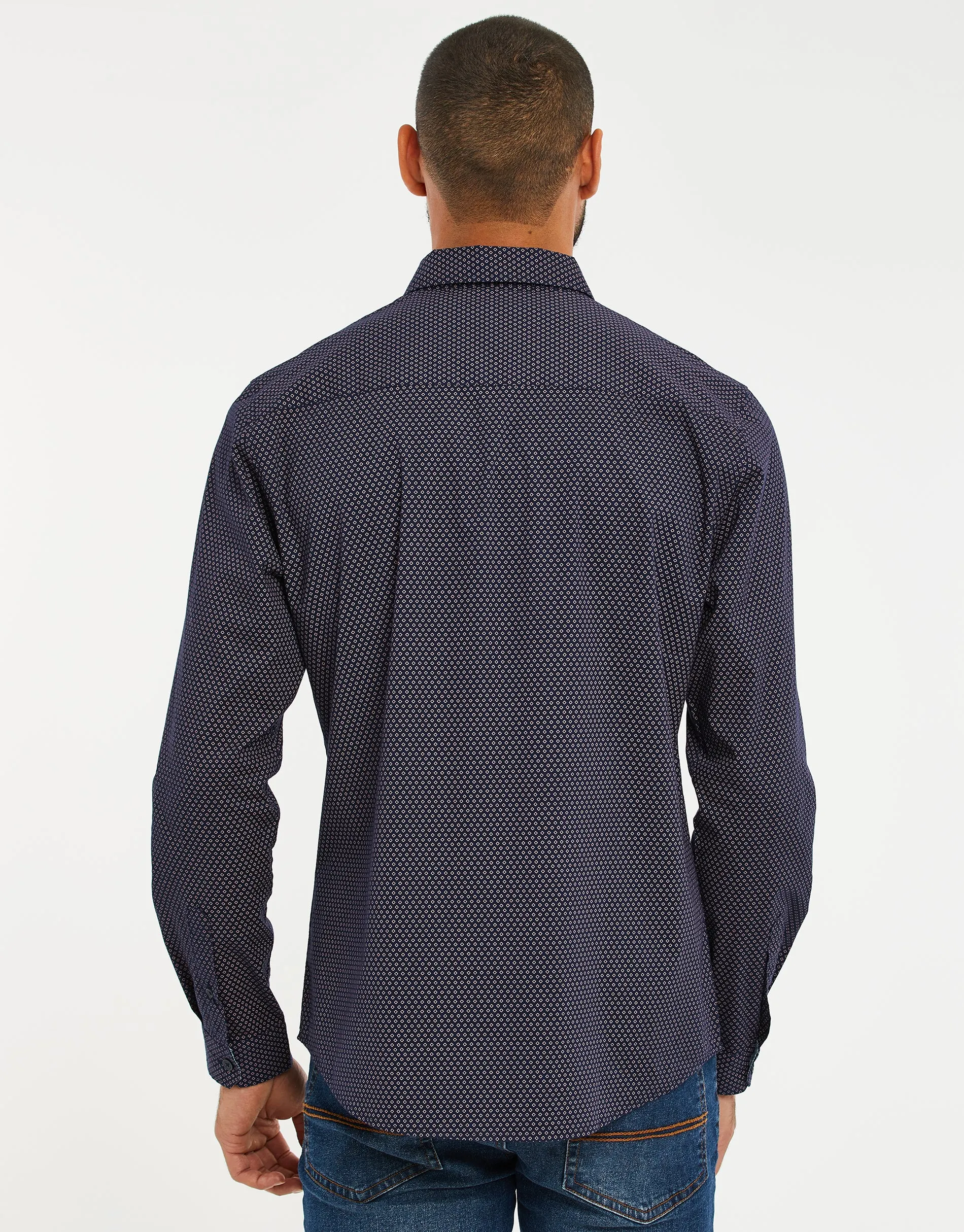 Men's Navy & Pink Geometric Print Long Sleeve Shirt sold by Threadbare product image thumbnail 2