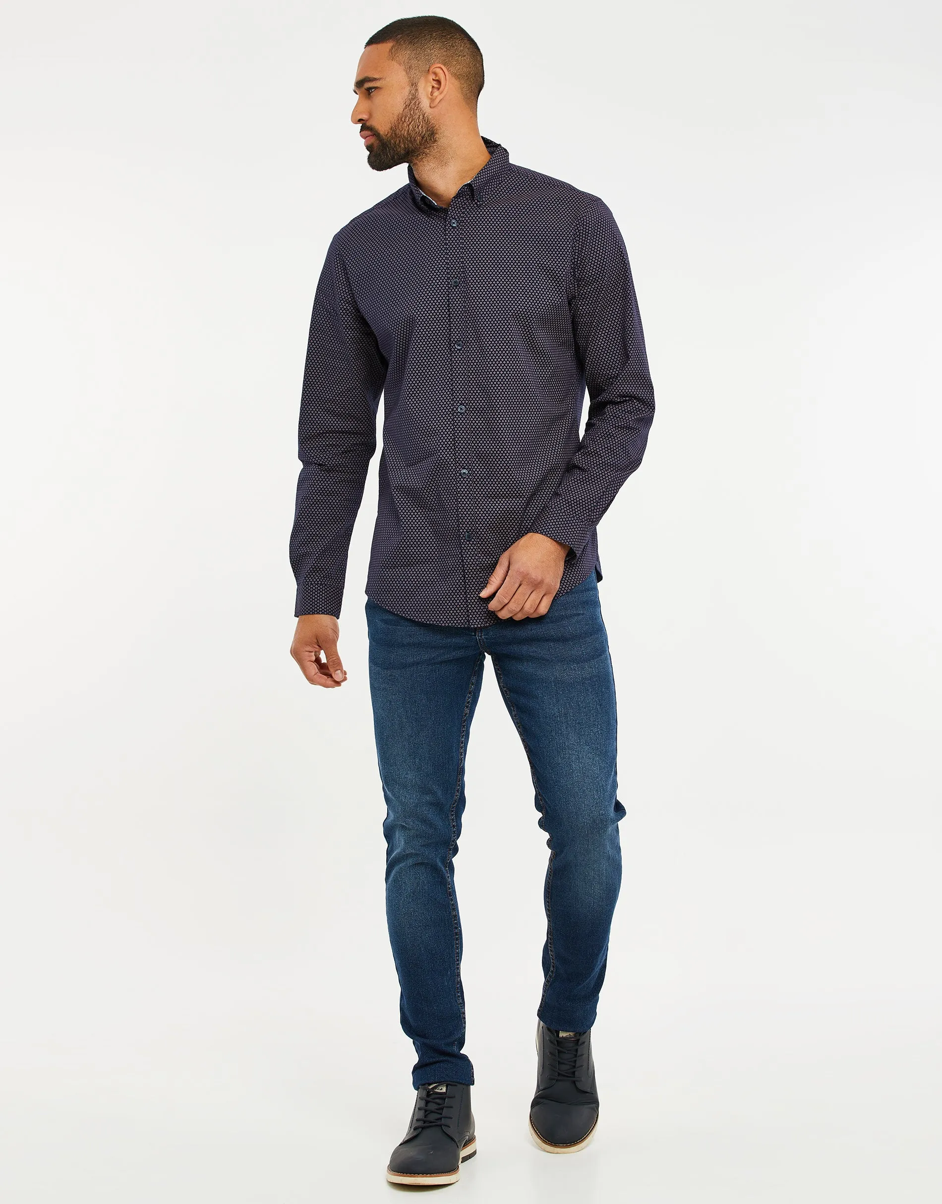 Men's Navy & Pink Geometric Print Long Sleeve Shirt sold by Threadbare product image thumbnail 3