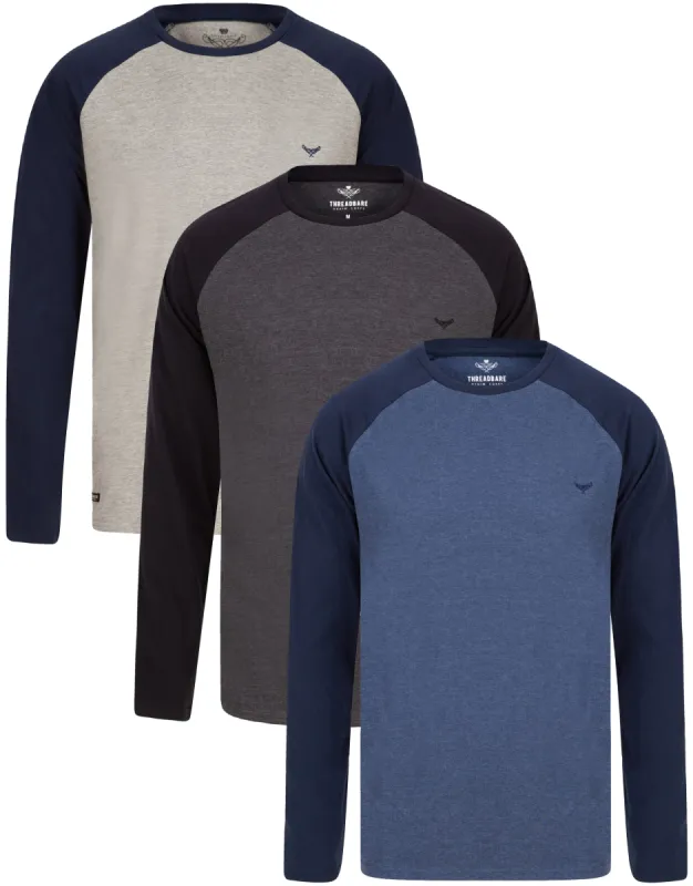 Men's Grey Mix Raglan Long Sleeve T-Shirts (3 Pack) sold by Threadbare