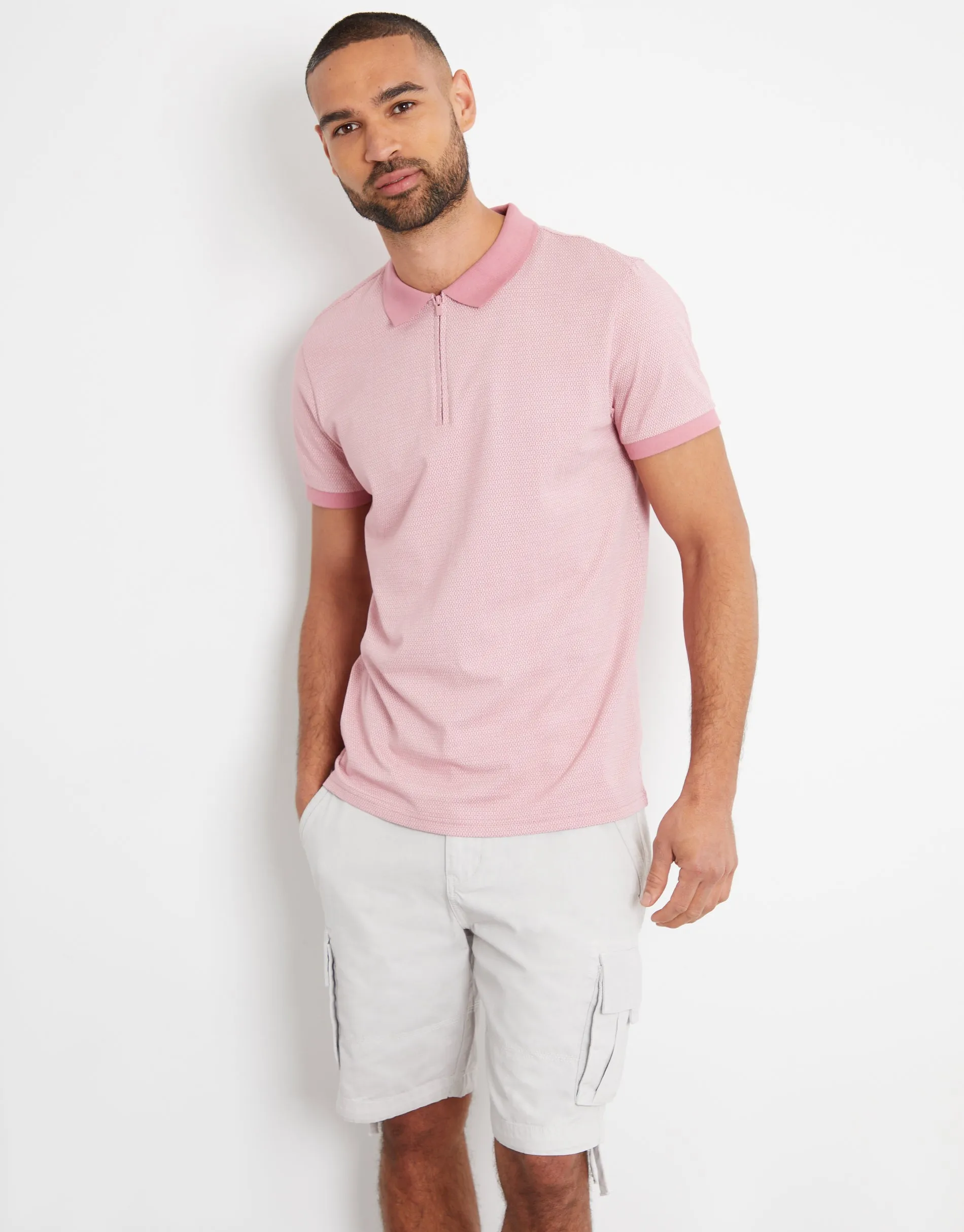 Men's Vintage Pink Printed Zip Neck Polo Shirt sold by Threadbare product image thumbnail 3