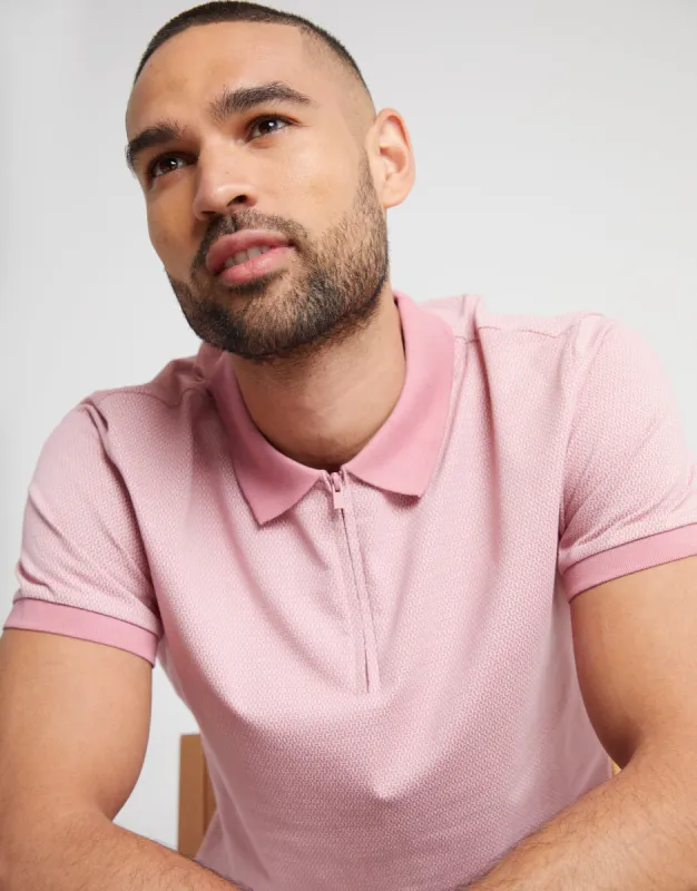 Men's Vintage Pink Printed Zip Neck Polo Shirt sold by Threadbare
