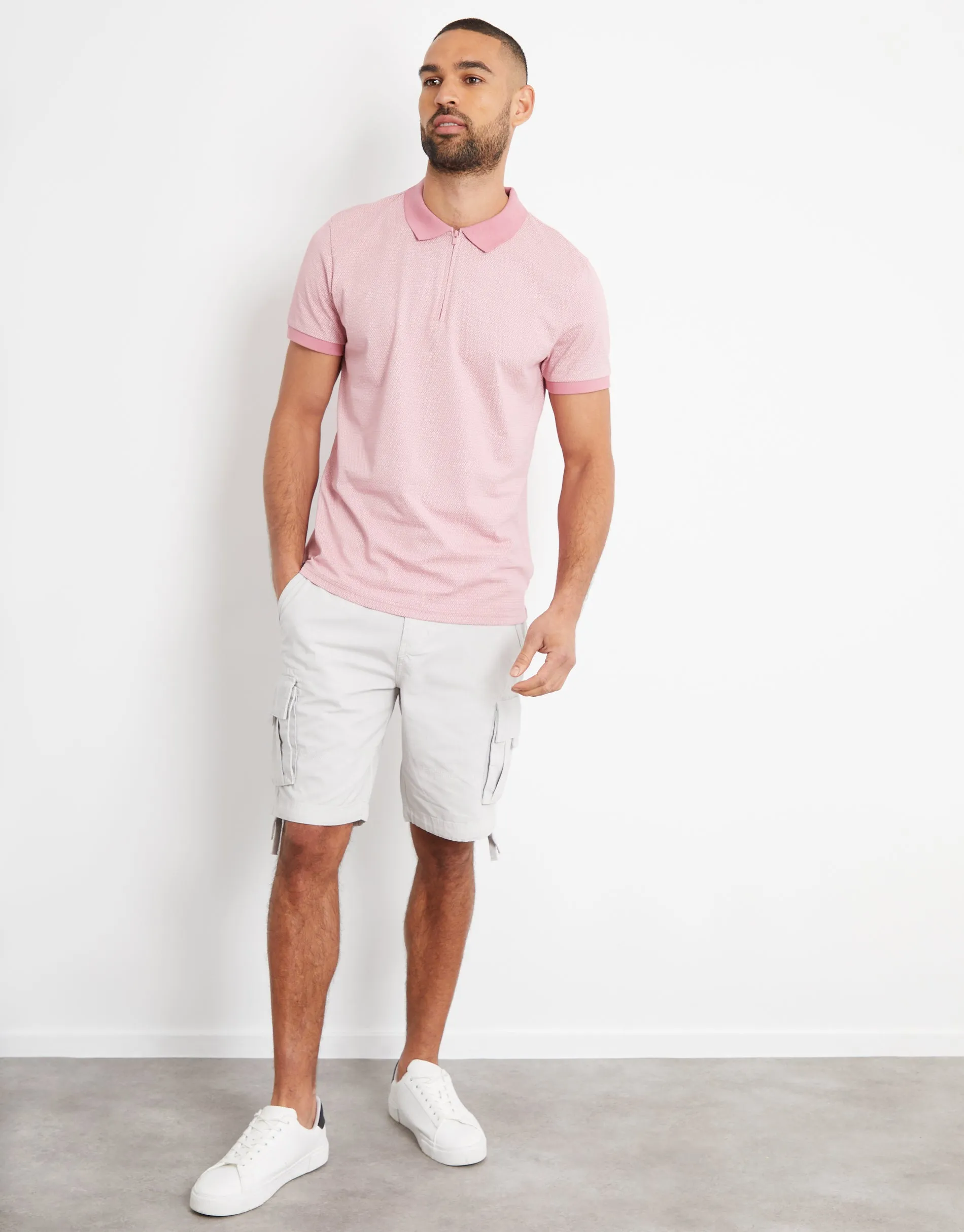 Men's Vintage Pink Printed Zip Neck Polo Shirt sold by Threadbare product image thumbnail 4