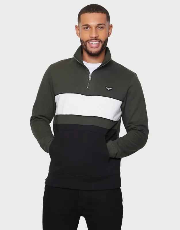 Men's Dark Khaki Colourblock Quarter Zip Jumper sold by Threadbare