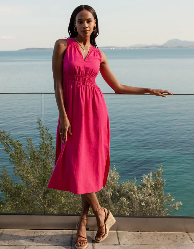 Women's Hot Pink Linen Blend Ruched Midi Dress sold by Threadbare