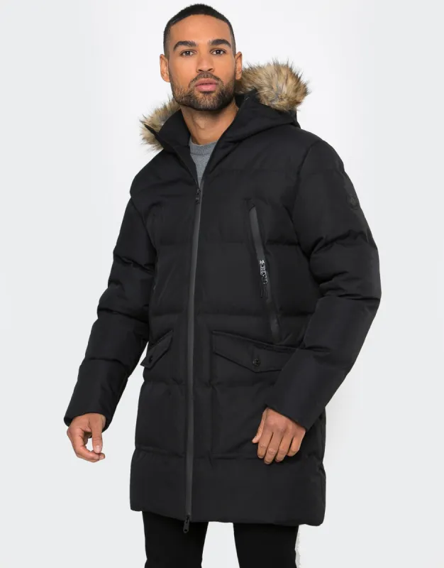 Men's Black Longline Padded Parka Coat sold by Threadbare