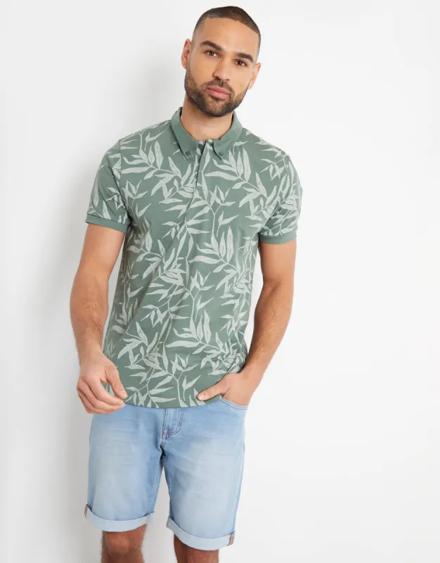 Sage Green Leaf Print Polo Shirt made by Threadbare