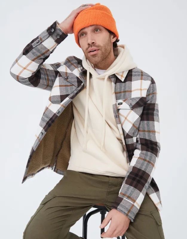 Men's Dark Oak Check Borg Lined Long Sleeve Shirt sold by Threadbare