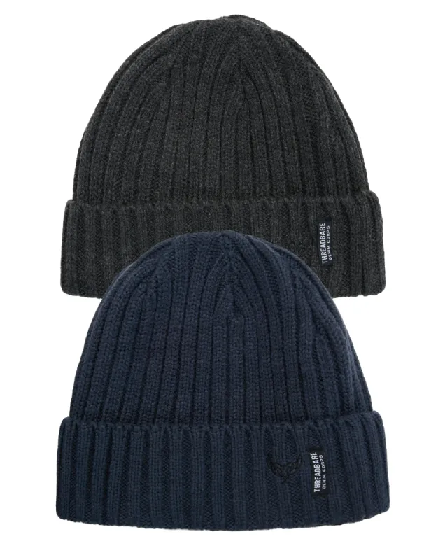 Men's Black & Navy Blue Knitted Hats (2 Pack) sold by Threadbare