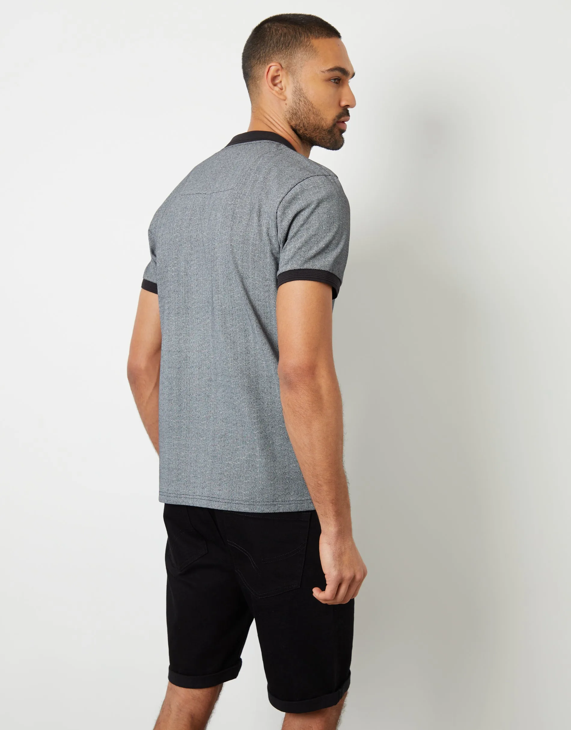 Threadbare Men's Black Rib Collar Printed Zip Neck Polo Shirt sold by Threadbare product image thumbnail 2