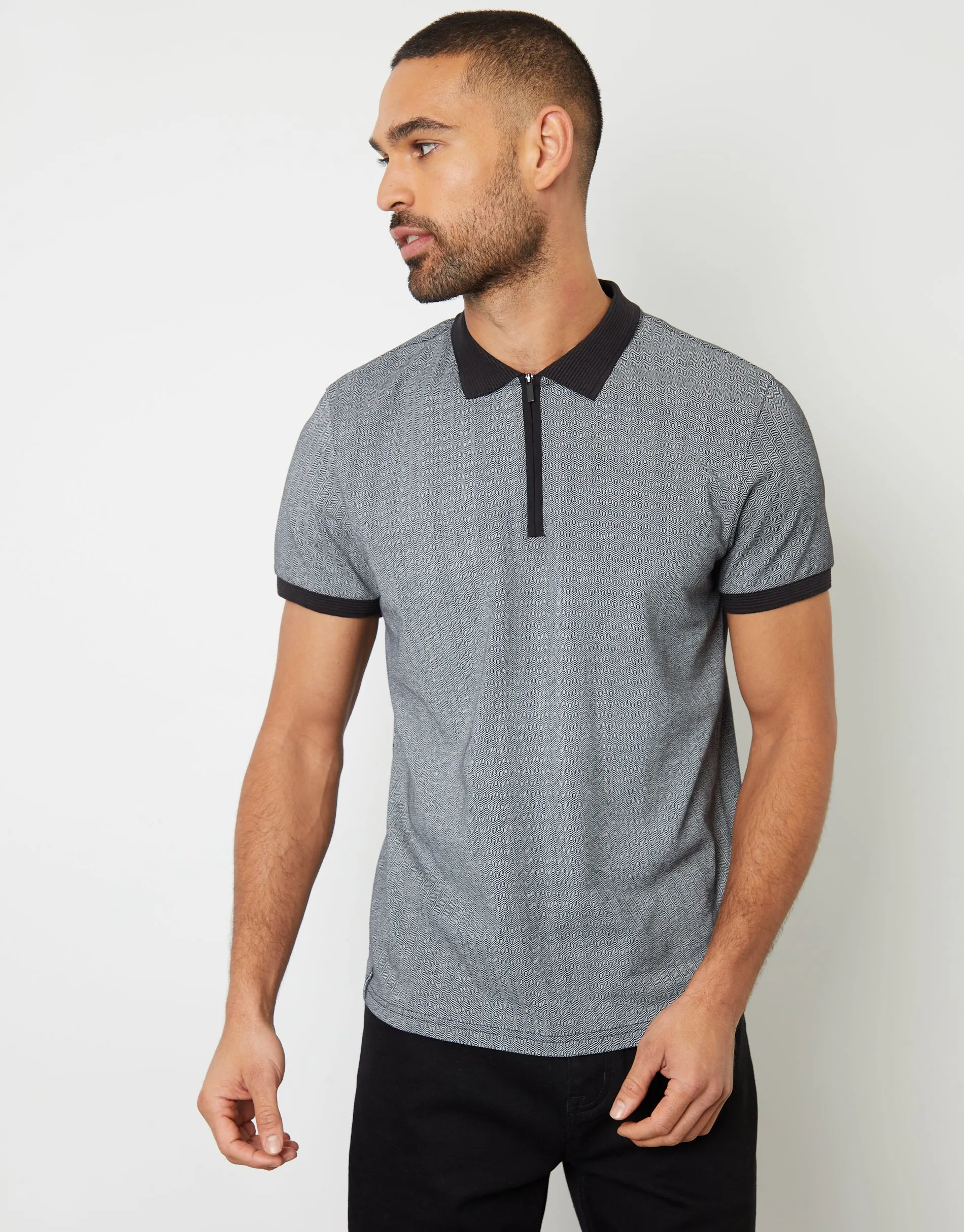 Threadbare Men's Black Rib Collar Printed Zip Neck Polo Shirt sold by Threadbare product image thumbnail 3