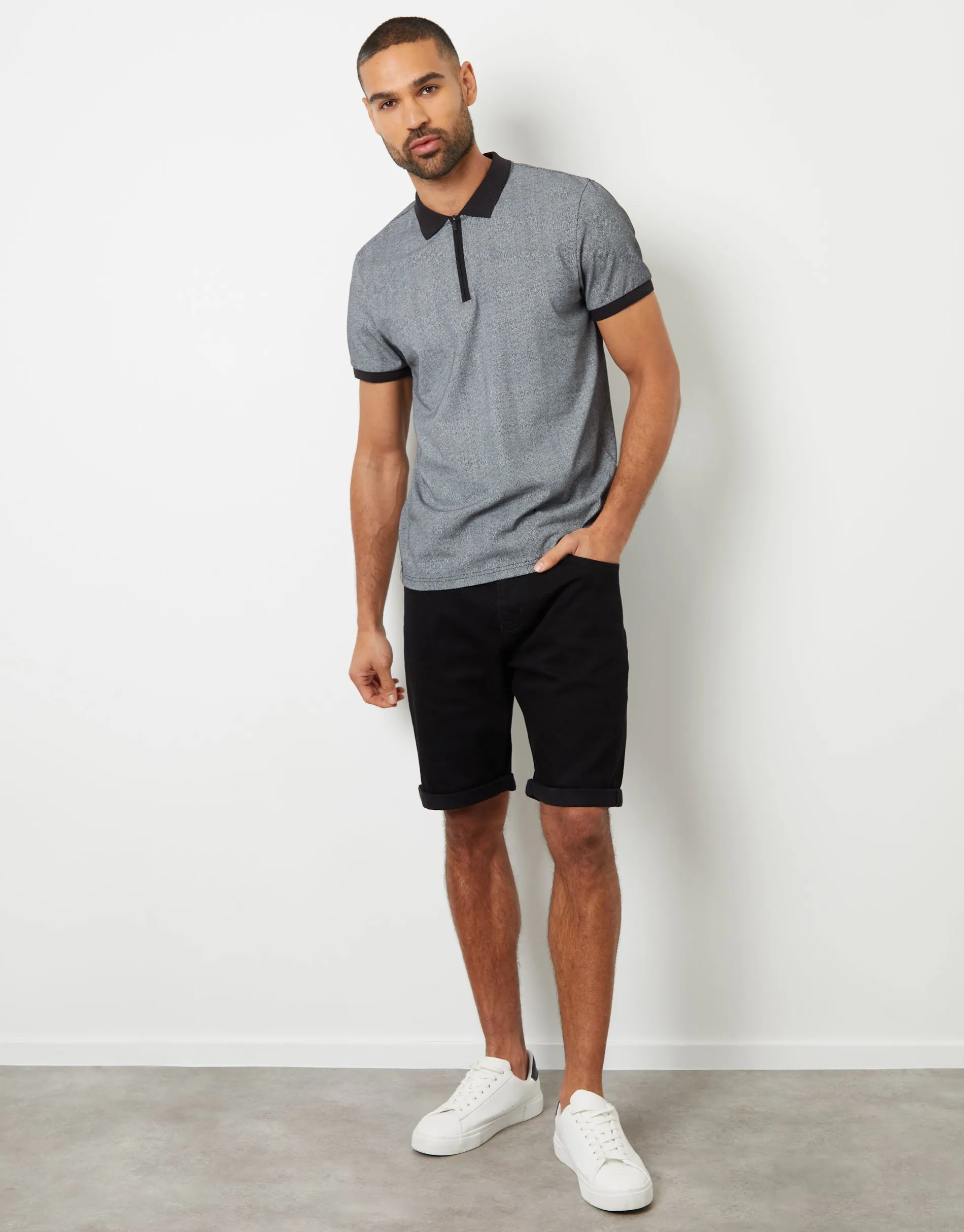 Threadbare Men's Black Rib Collar Printed Zip Neck Polo Shirt sold by Threadbare product image thumbnail 4