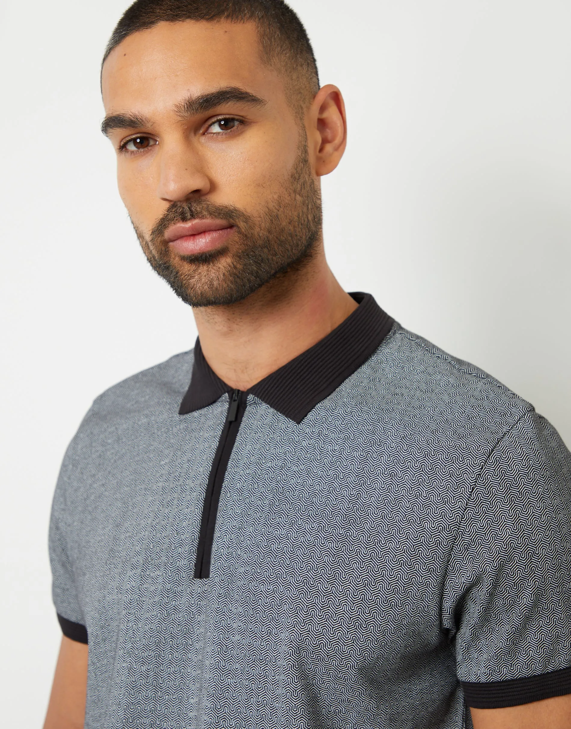 Threadbare Men's Black Rib Collar Printed Zip Neck Polo Shirt sold by Threadbare