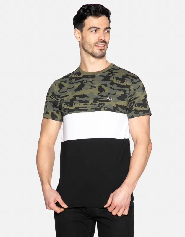 Men's Khaki Camo Colourblock T-Shirt sold by Threadbare