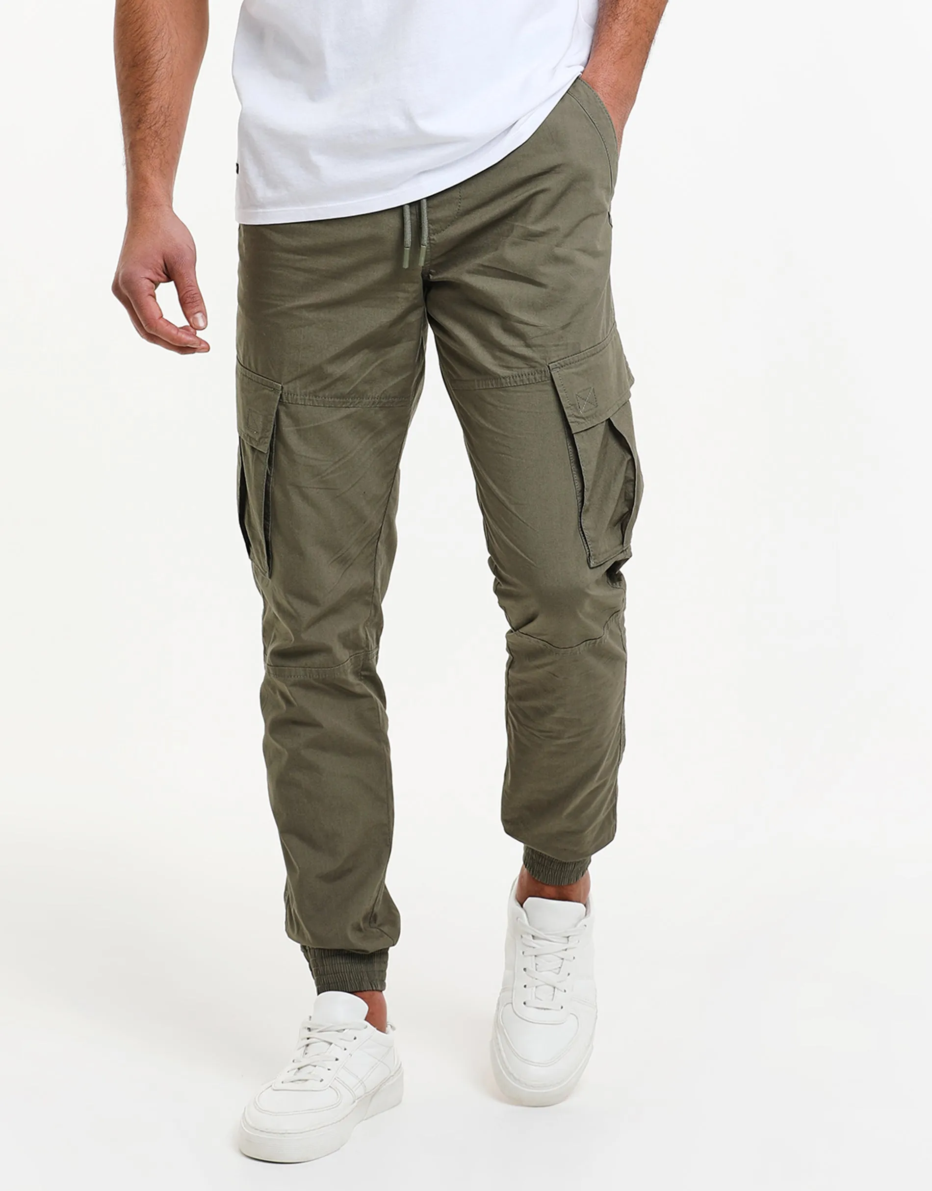 Khaki Green Elasticated Waist Cargo Trousers sold by Threadbare