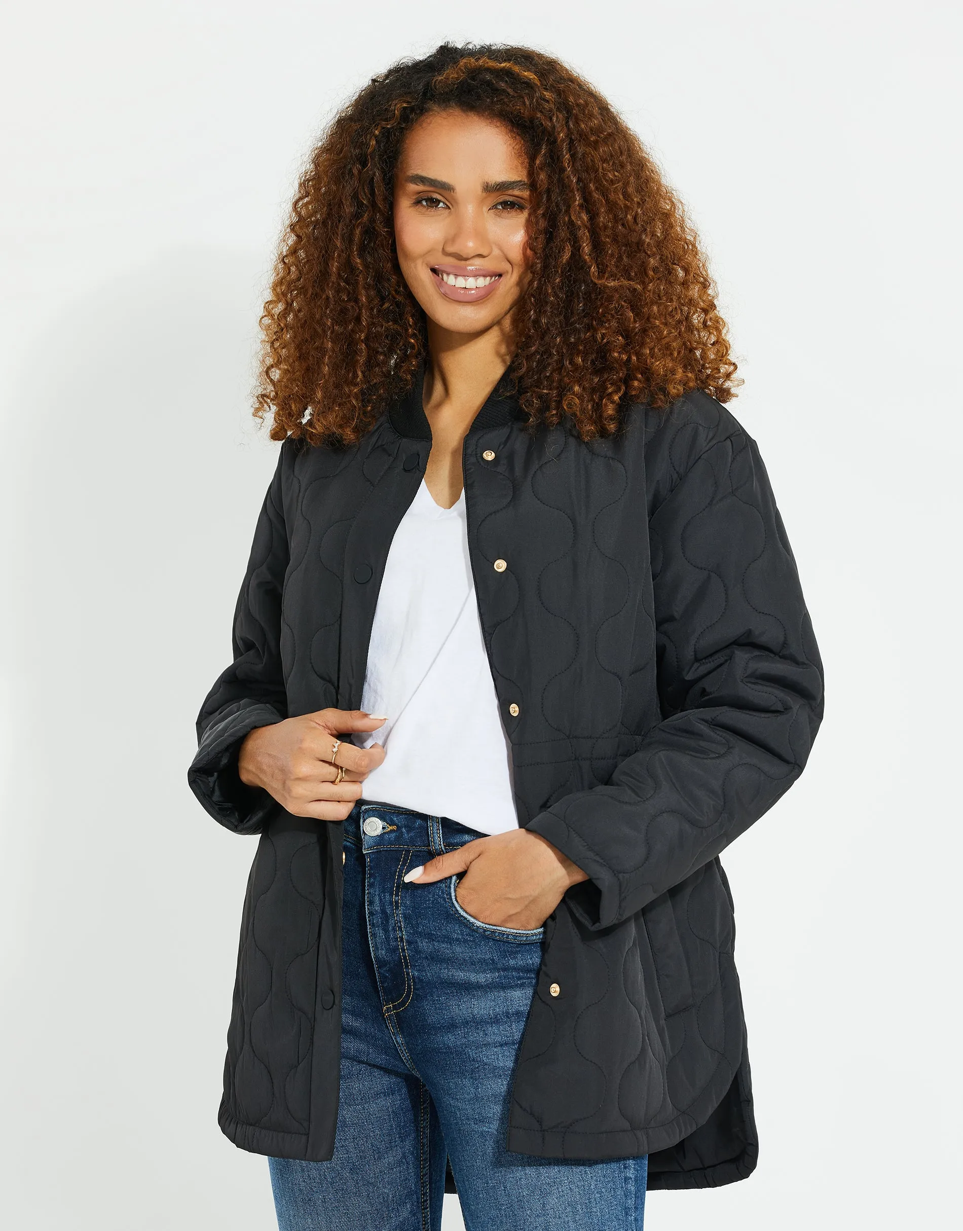Women's Black Quilted Bomber Style Jacket sold by Threadbare