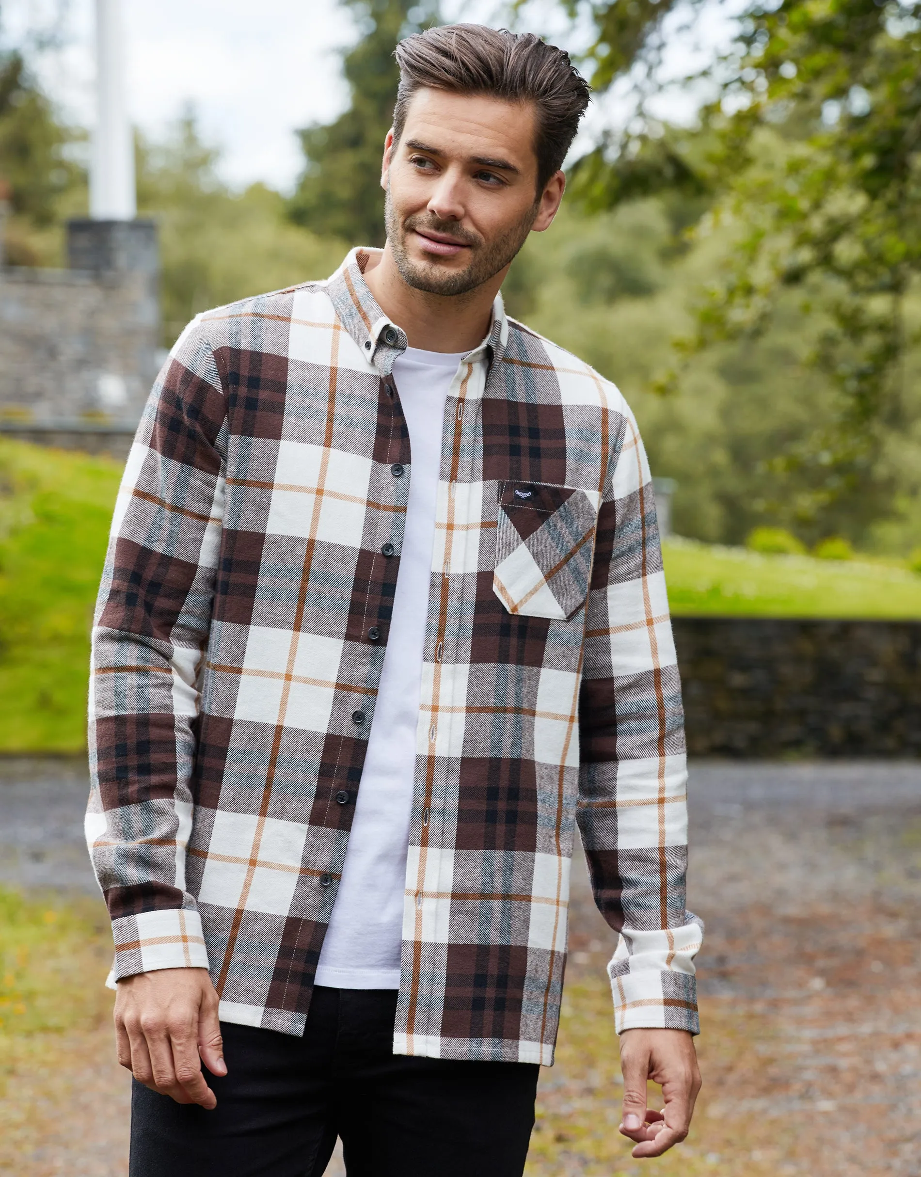 Men's Brown Check Long Sleeve Shirt sold by Threadbare