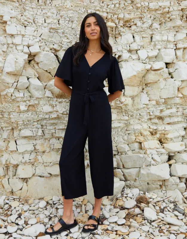 Women's Black Belted Flutter Sleeve Jumpsuit sold by Threadbare