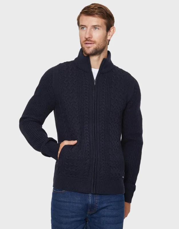 Men's Navy Blue Cable Knit Zip Up Cardigan sold by Threadbare