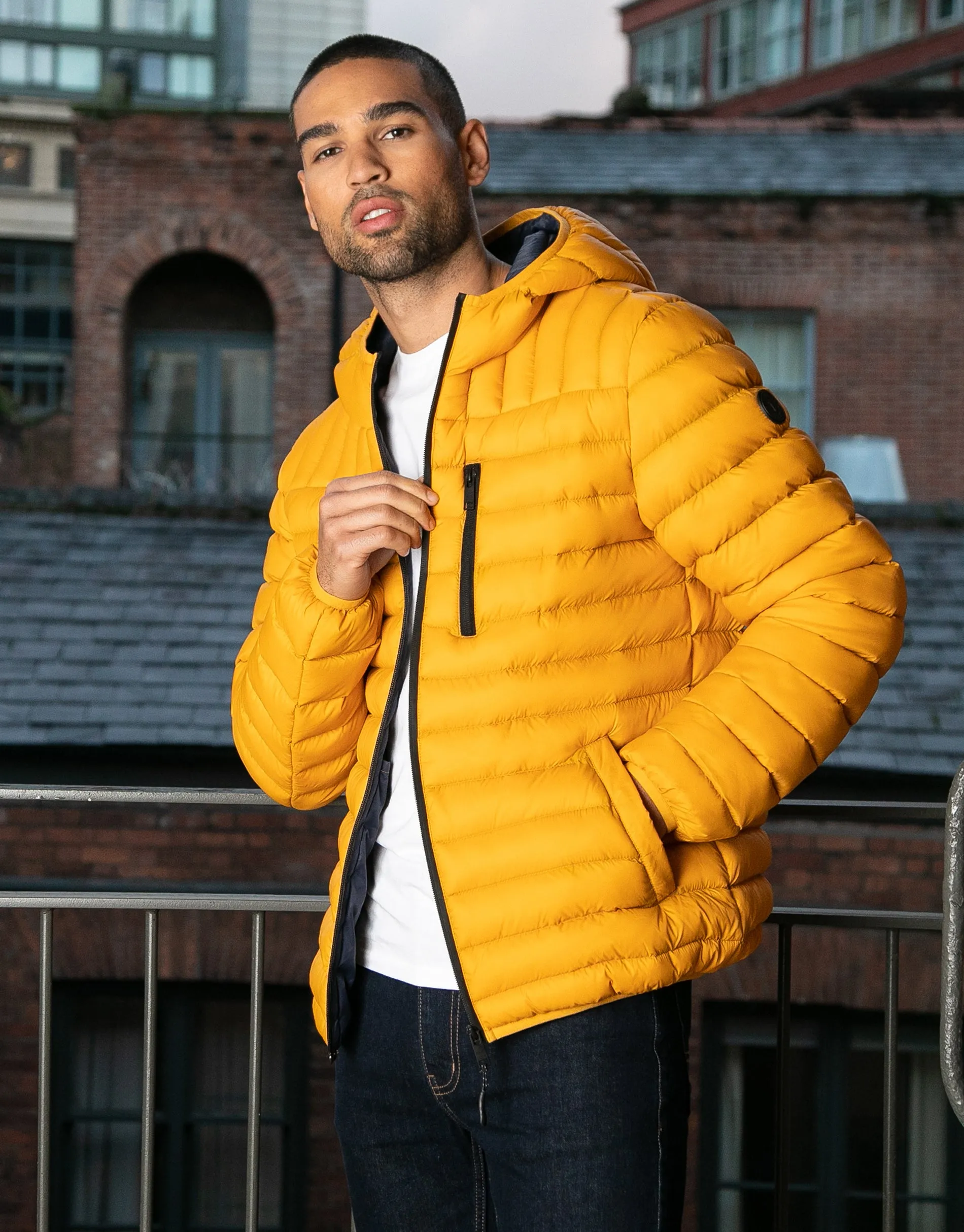 Men's Mustard Hooded Puffer Jacket sold by Threadbare