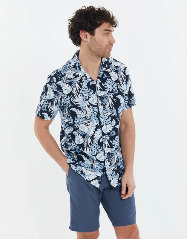 Men's Midnight Blue Palm Print Short Sleeve Shirt sold by Threadbare