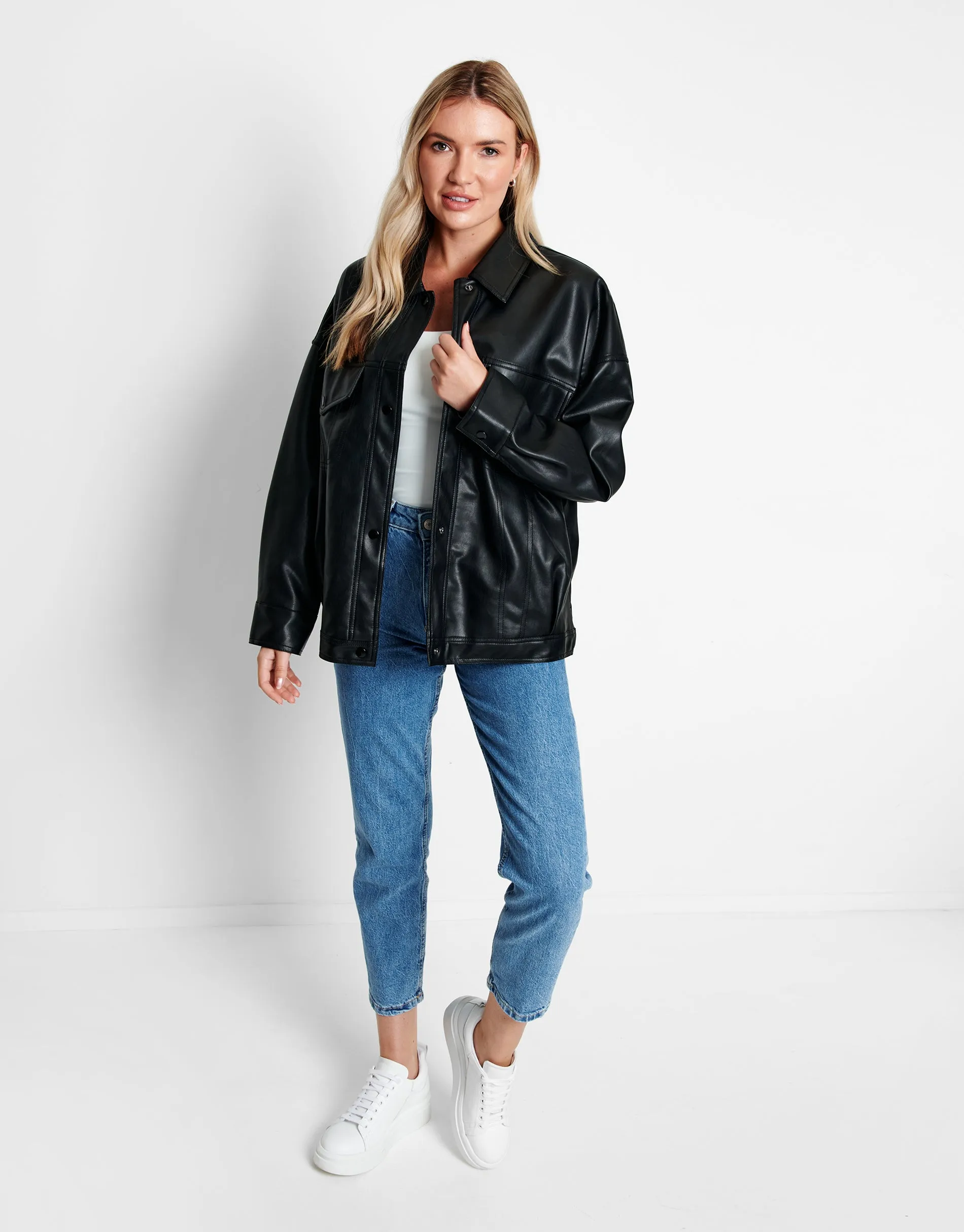 Women's Black Faux Leather PU Shacket sold by Threadbare product image thumbnail 3