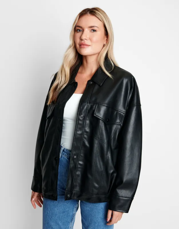 Women's Black Faux Leather PU Shacket sold by Threadbare