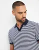 Navy & White Stripe Open Neck Collar Polo Shirt sold by Threadbare