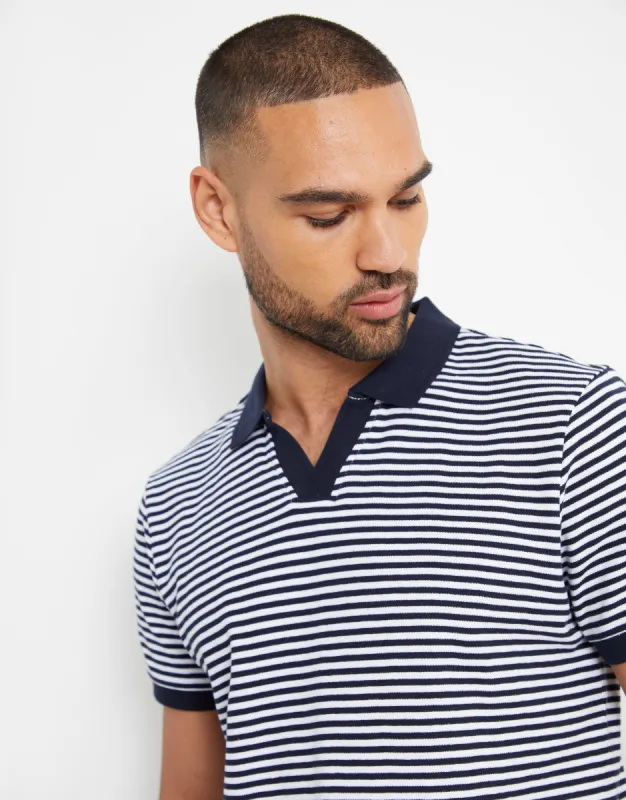 Threadbare Men's Navy & White Stripe Open Neck Collar Polo Shirt sold by Threadbare
