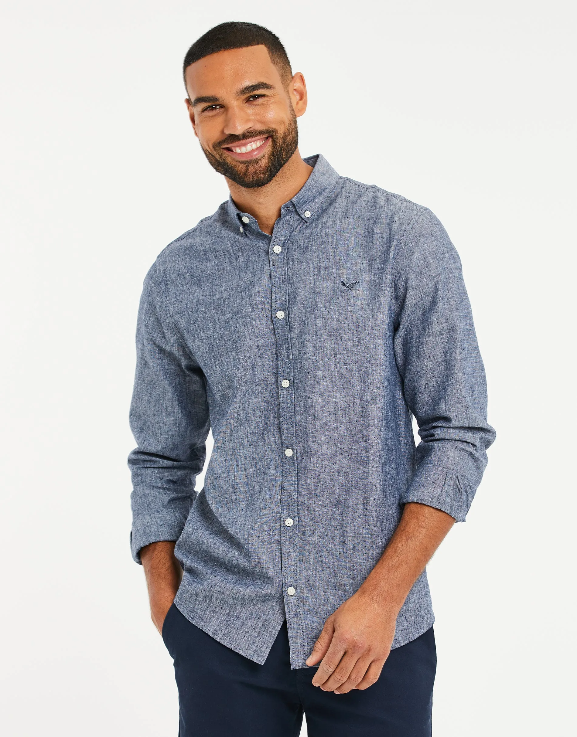 Threadbare Men's Denim Blue Long Sleeve Linen Blend Shirt sold by Threadbare