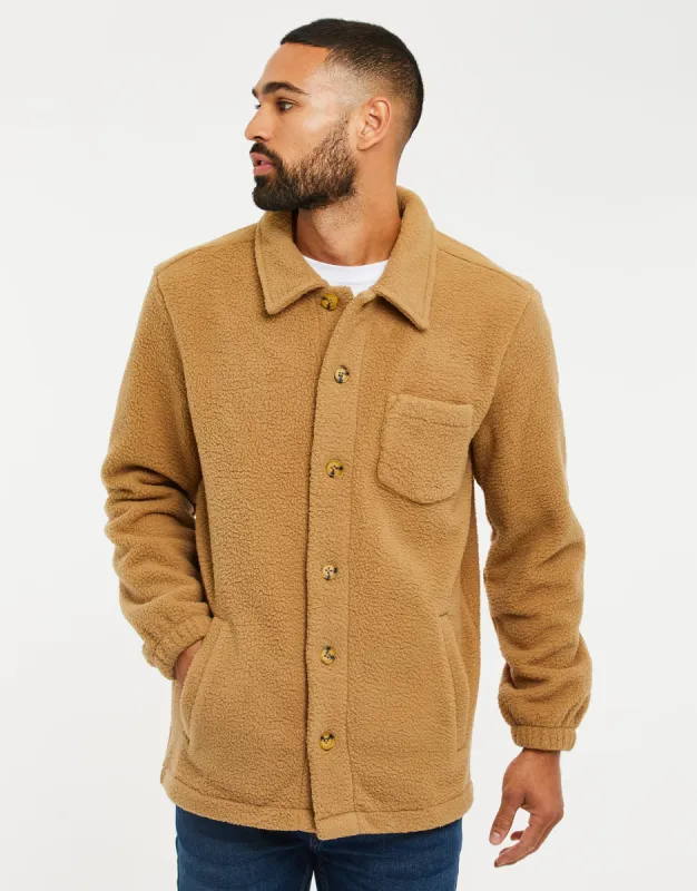 Men's Camel Faux Borg Shacket sold by Threadbare