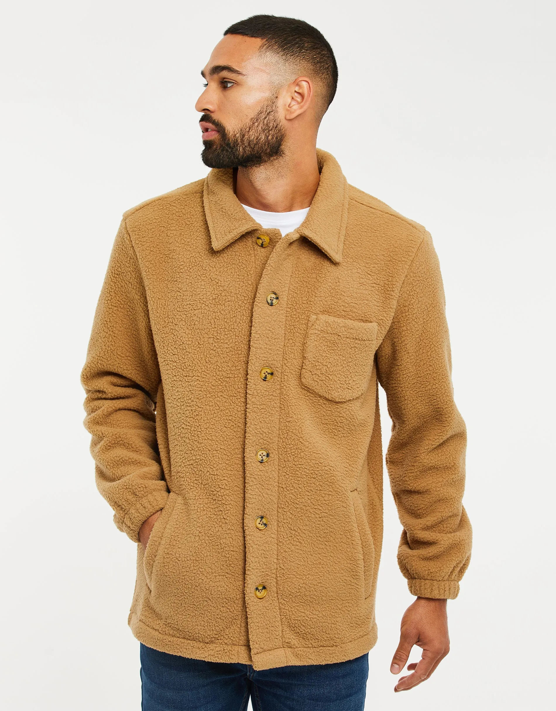 Men's Camel Faux Borg Shacket sold by Threadbare
