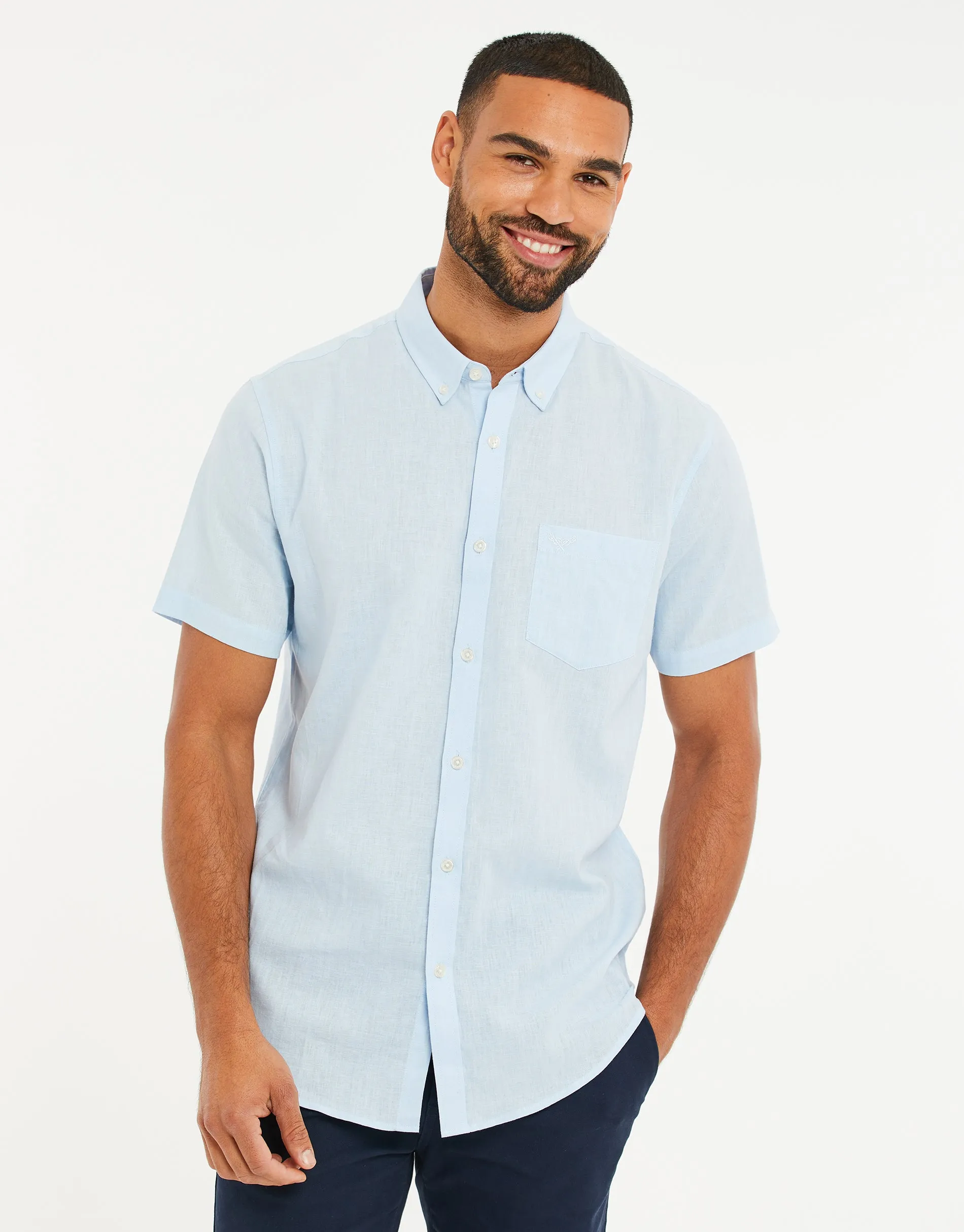 Men's Sky Blue Short Sleeve Linen Blend Shirt sold by Threadbare