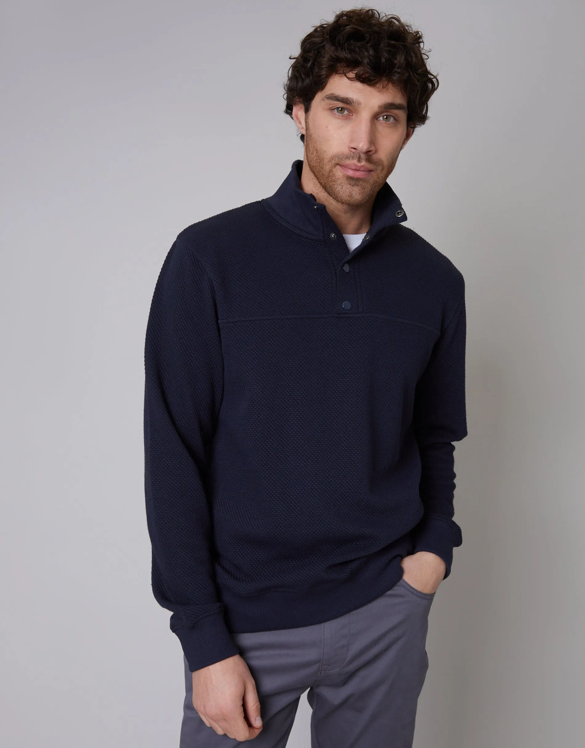 Men's Navy Popper Closure Funnel Neck Waffle Textured Jumper sold by Threadbare