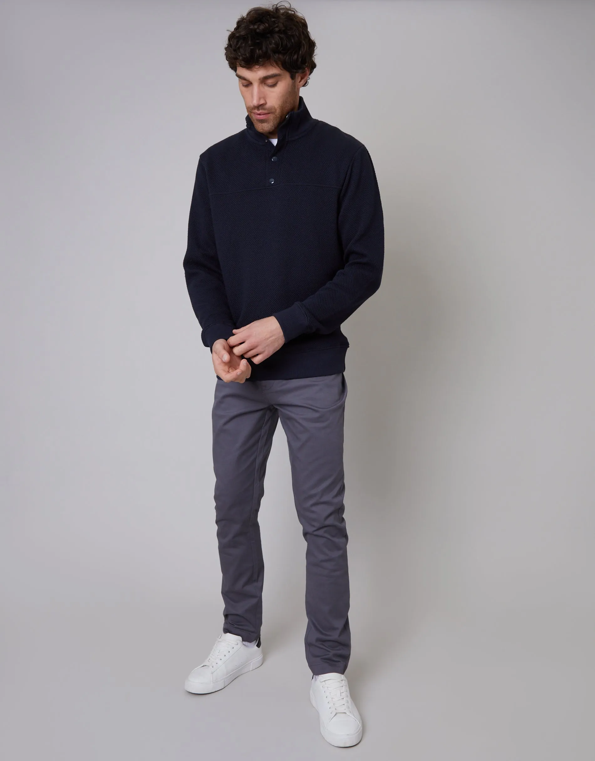 Men's Navy Popper Closure Funnel Neck Waffle Textured Jumper sold by Threadbare product image thumbnail 3