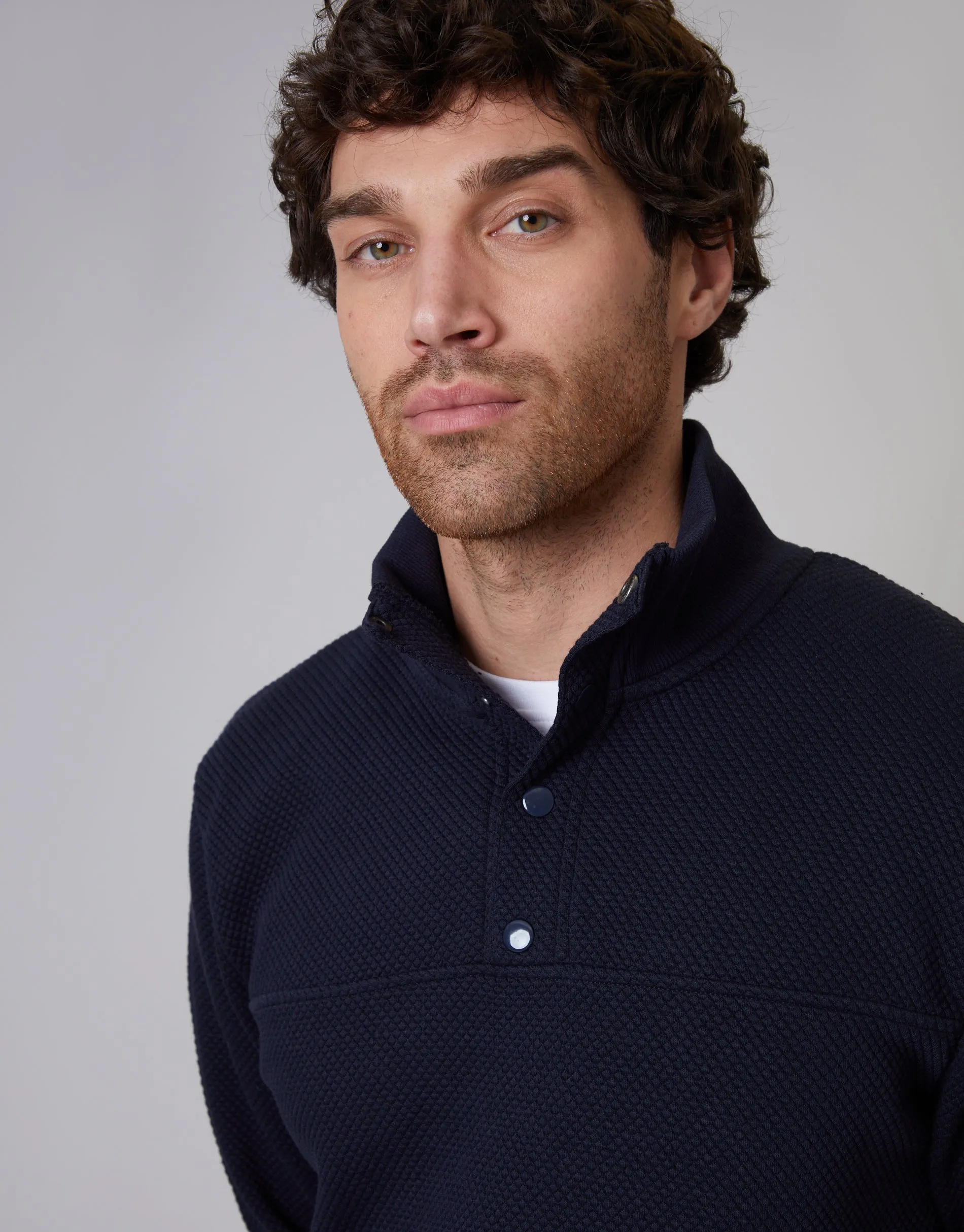 Men's Navy Popper Closure Funnel Neck Waffle Textured Jumper sold by Threadbare product image thumbnail 4