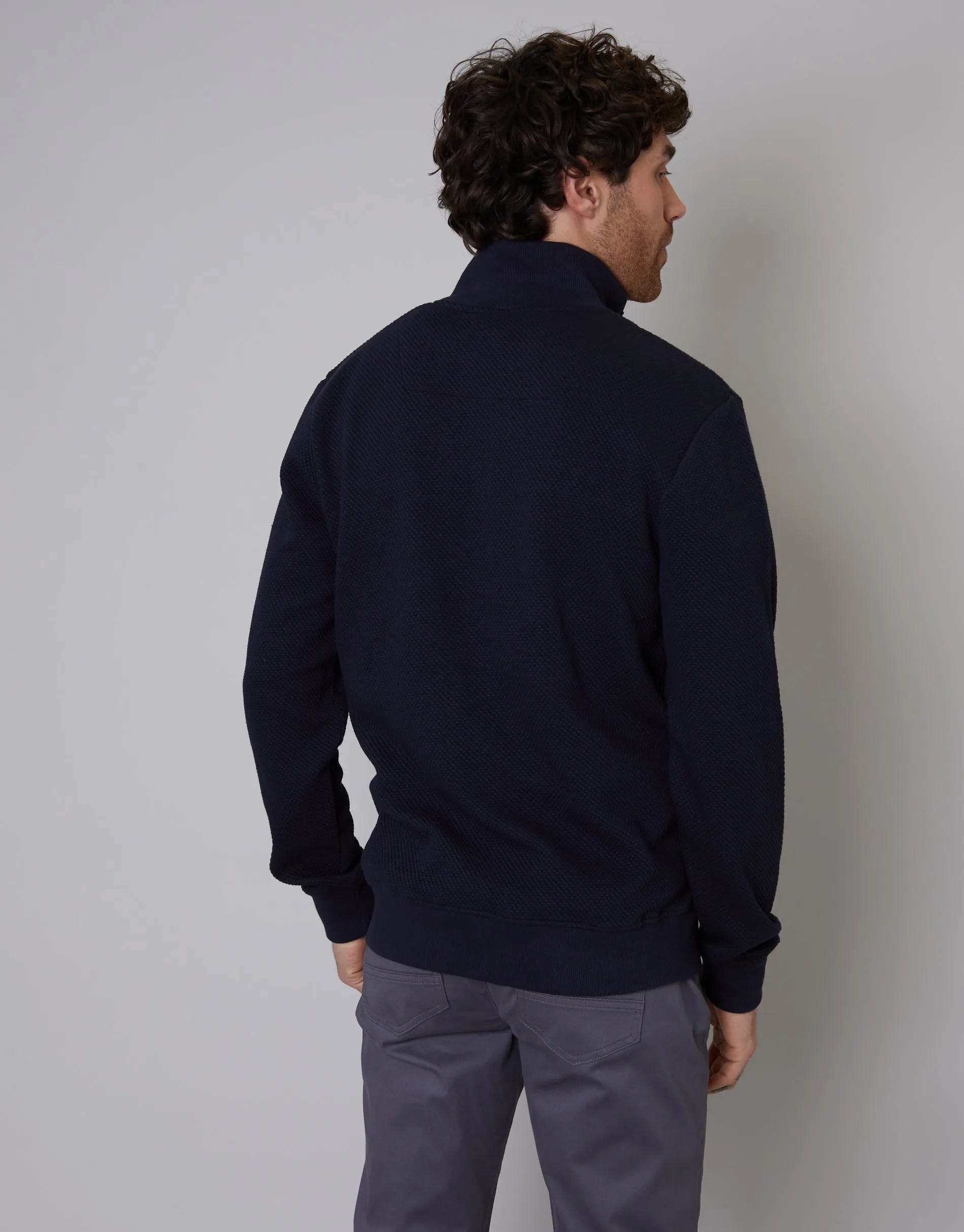 Men's Navy Popper Closure Funnel Neck Waffle Textured Jumper sold by Threadbare product image thumbnail 2