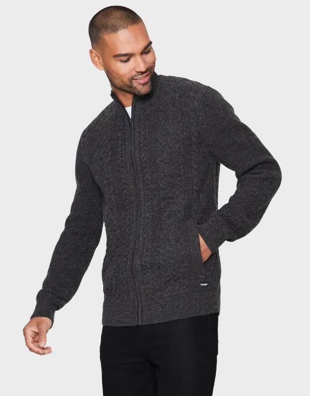 Men's Charcoal Grey Cable Knit Zip Up Cardigan sold by Threadbare
