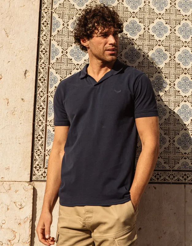 Men's Navy Open Neck Collar Polo Shirt sold by Threadbare