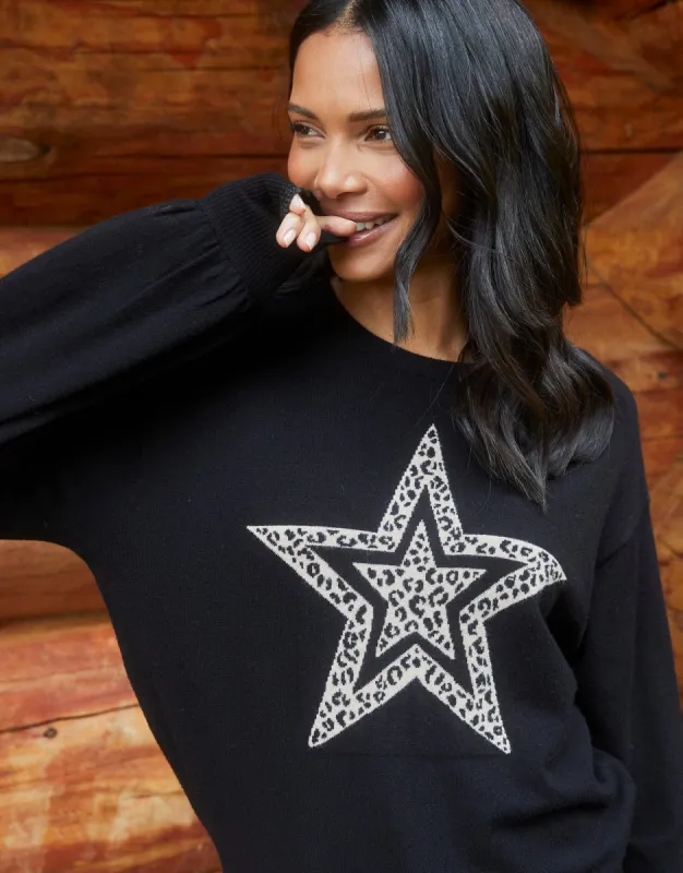 Black Leopard Print Star Balloon Sleeve Jumper made by Threadbare