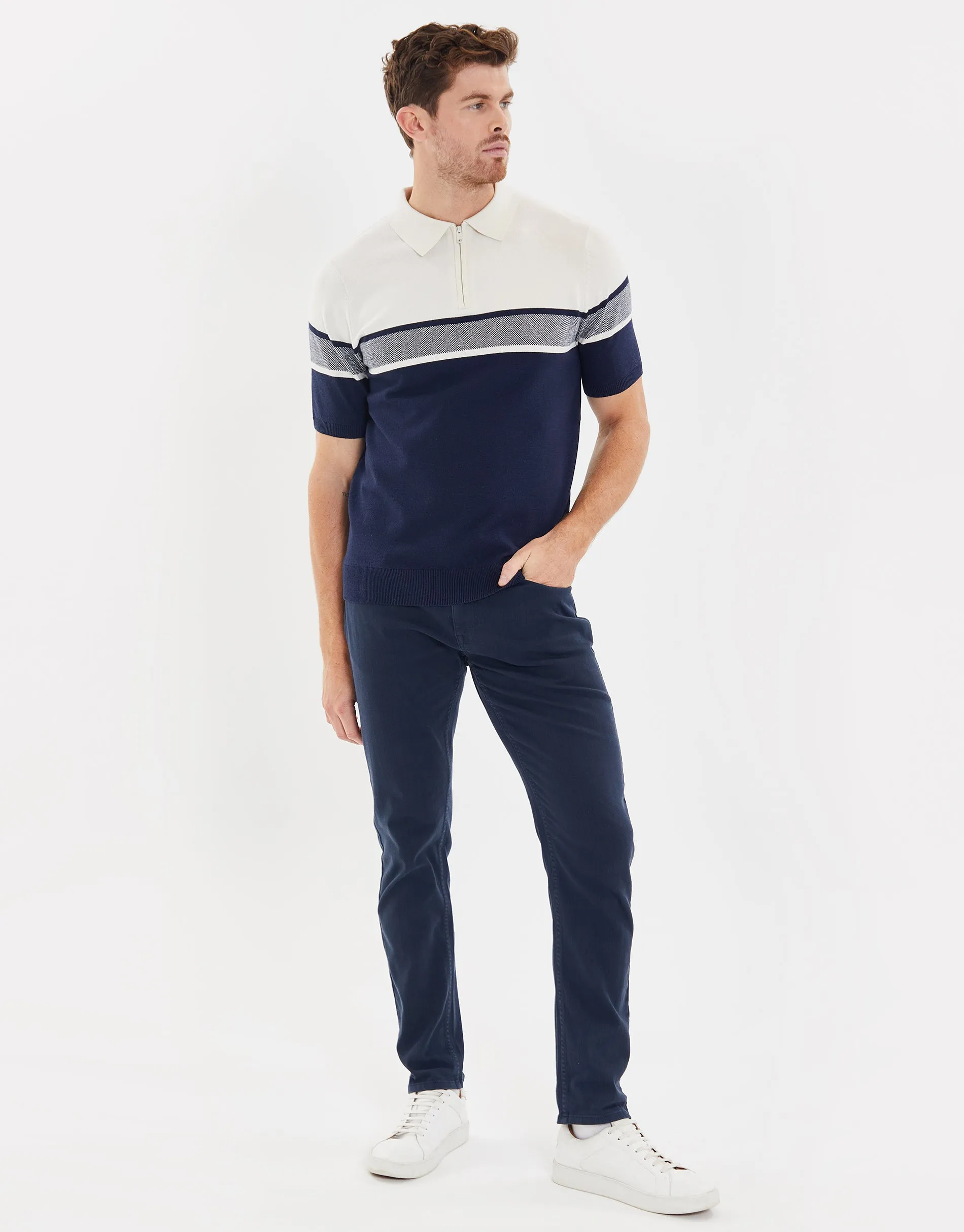 Men's Navy Colourblock Quarter Zip Knitted Polo sold by Threadbare product image thumbnail 3