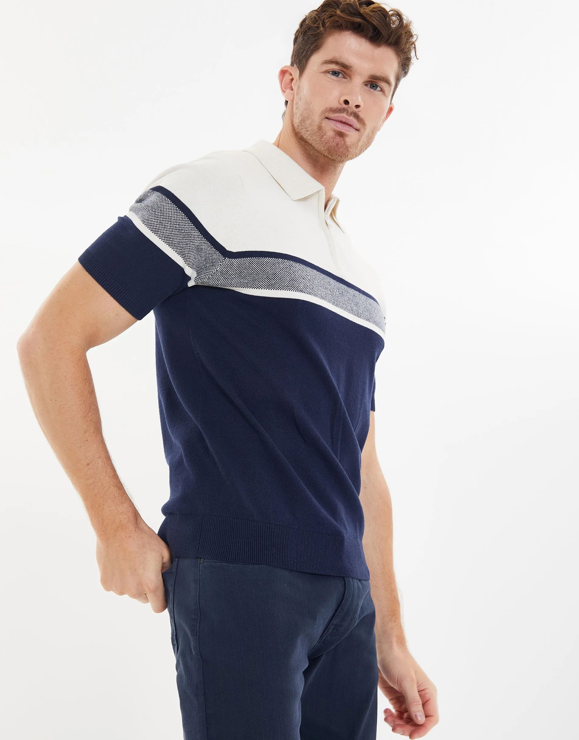 Men's Navy Colourblock Quarter Zip Knitted Polo sold by Threadbare