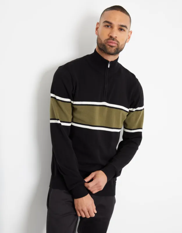 Men's Black Block Stripe Knitted Quarter Zip sold by Threadbare