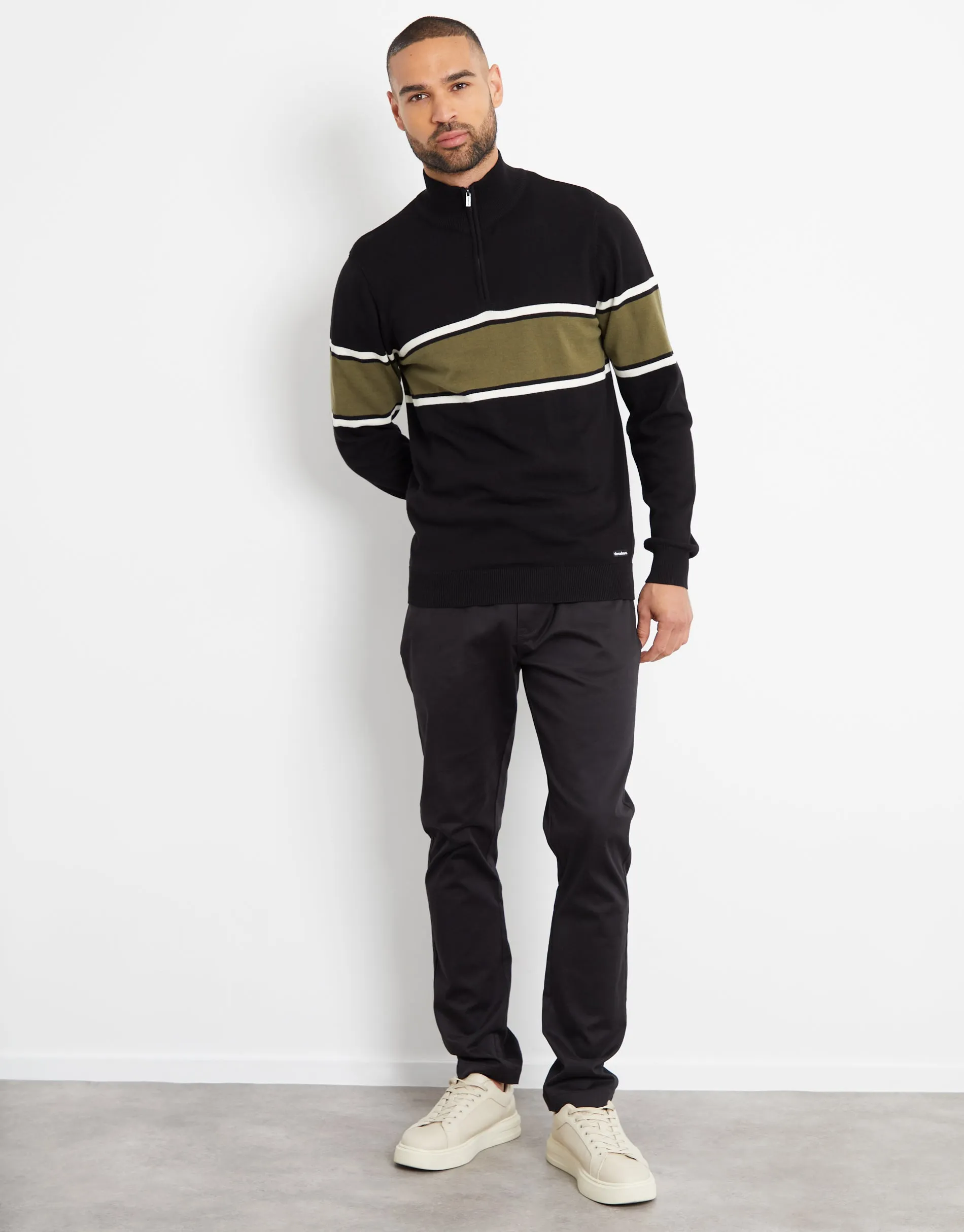 Men's Black Block Stripe Knitted Quarter Zip sold by Threadbare product image thumbnail 3