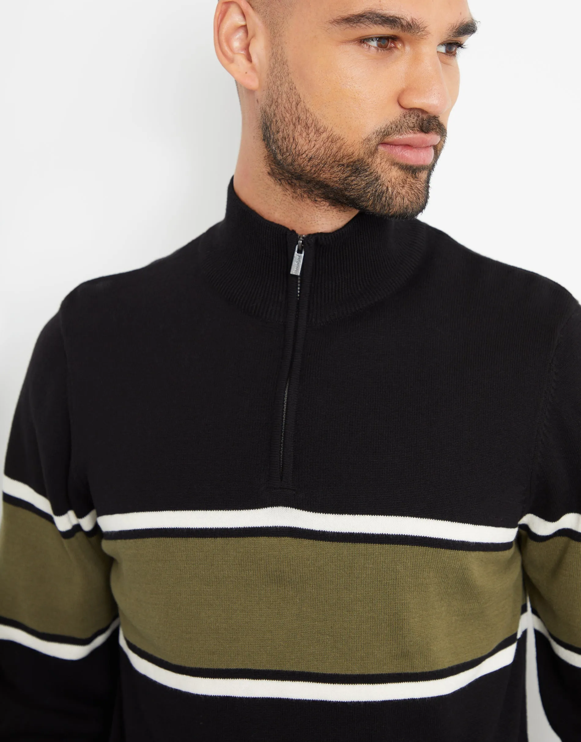 Men's Black Block Stripe Knitted Quarter Zip sold by Threadbare product image thumbnail 4