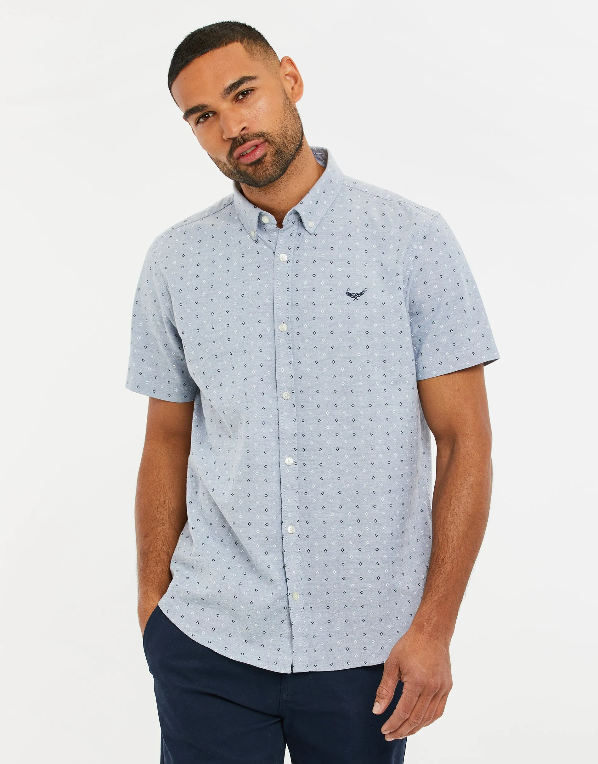 Men's Misty Blue Geo Print Short Sleeve Shirt sold by Threadbare